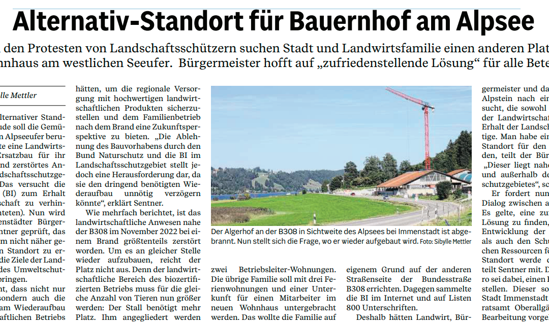 Zeitungsartikel AZ 6.September.2023 – „Alternativ-Standort für Bauernhof am Alpsee?“